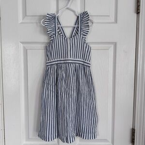GAP Blue and White Striped Ruffle-Shoulder Dress